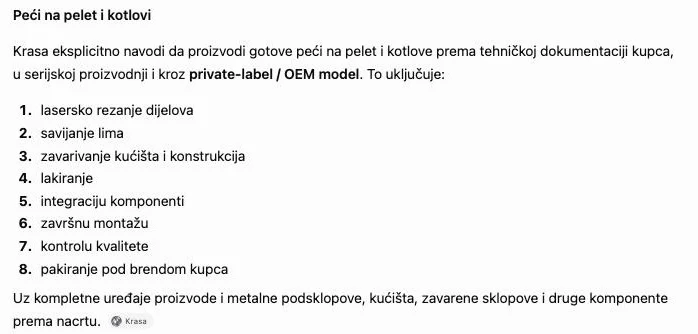 ChatGPT odgovor o Krasi Metali: OEM proizvodnja gotovih peći na pelet prema tehničkoj dokumentaciji kupca, s citatom krasa.hr kao izvorom