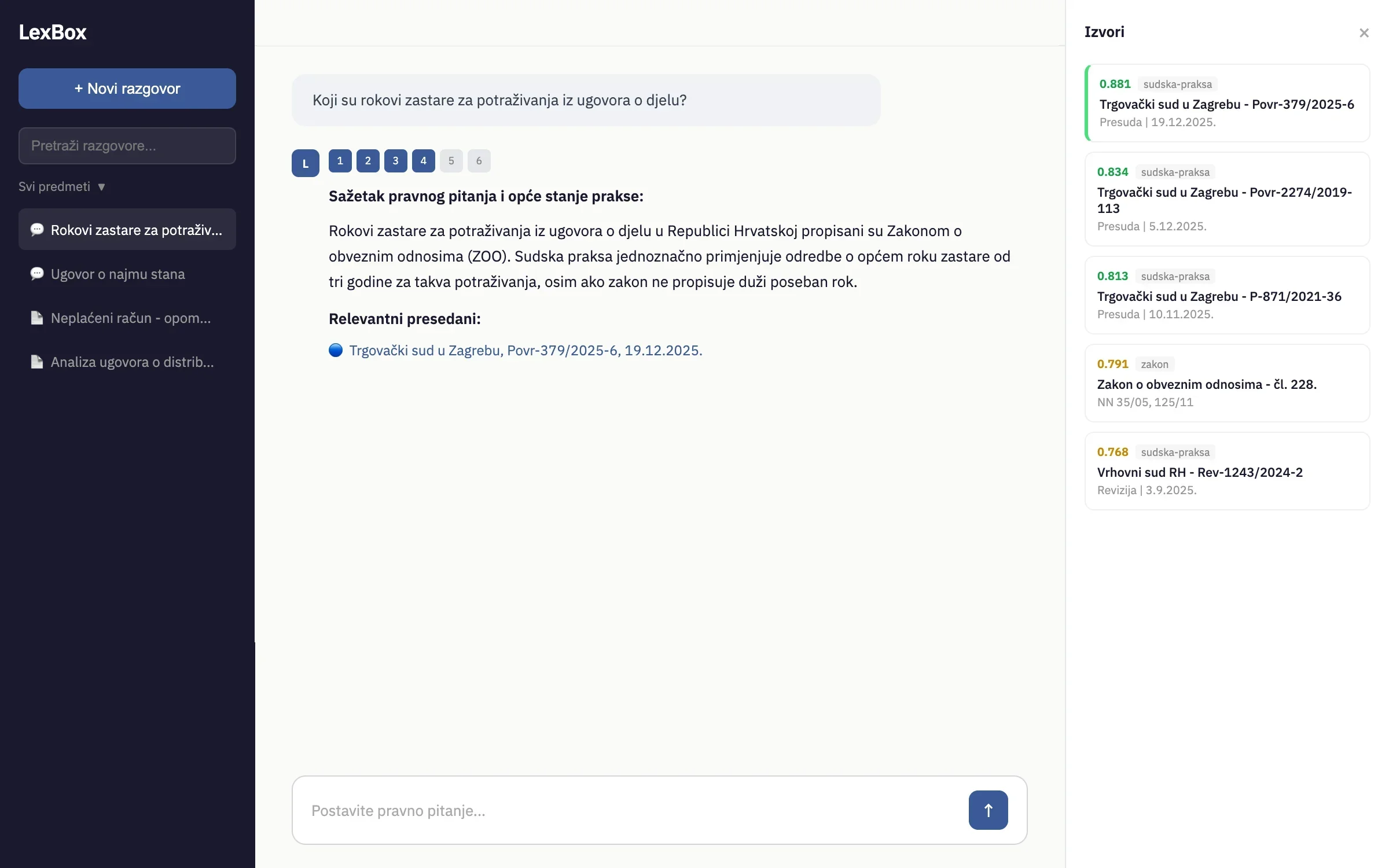 LexBox sučelje: odgovor na pravno pitanje o rokovima zastare s relevantnim presedanima i popisom izvora - presude i članci zakona